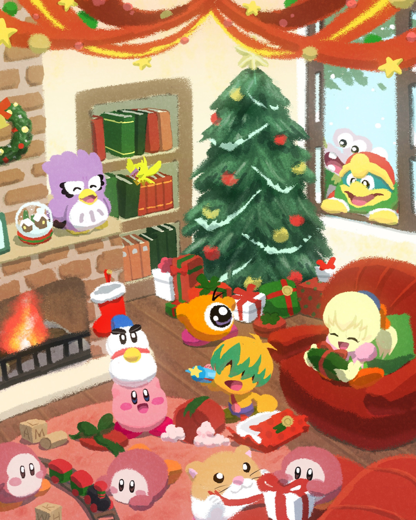 blush_stickers, bookshelf, box, brother_and_sister, bun_(kirby), chilly_(kirby), christmas, christmas_stocking