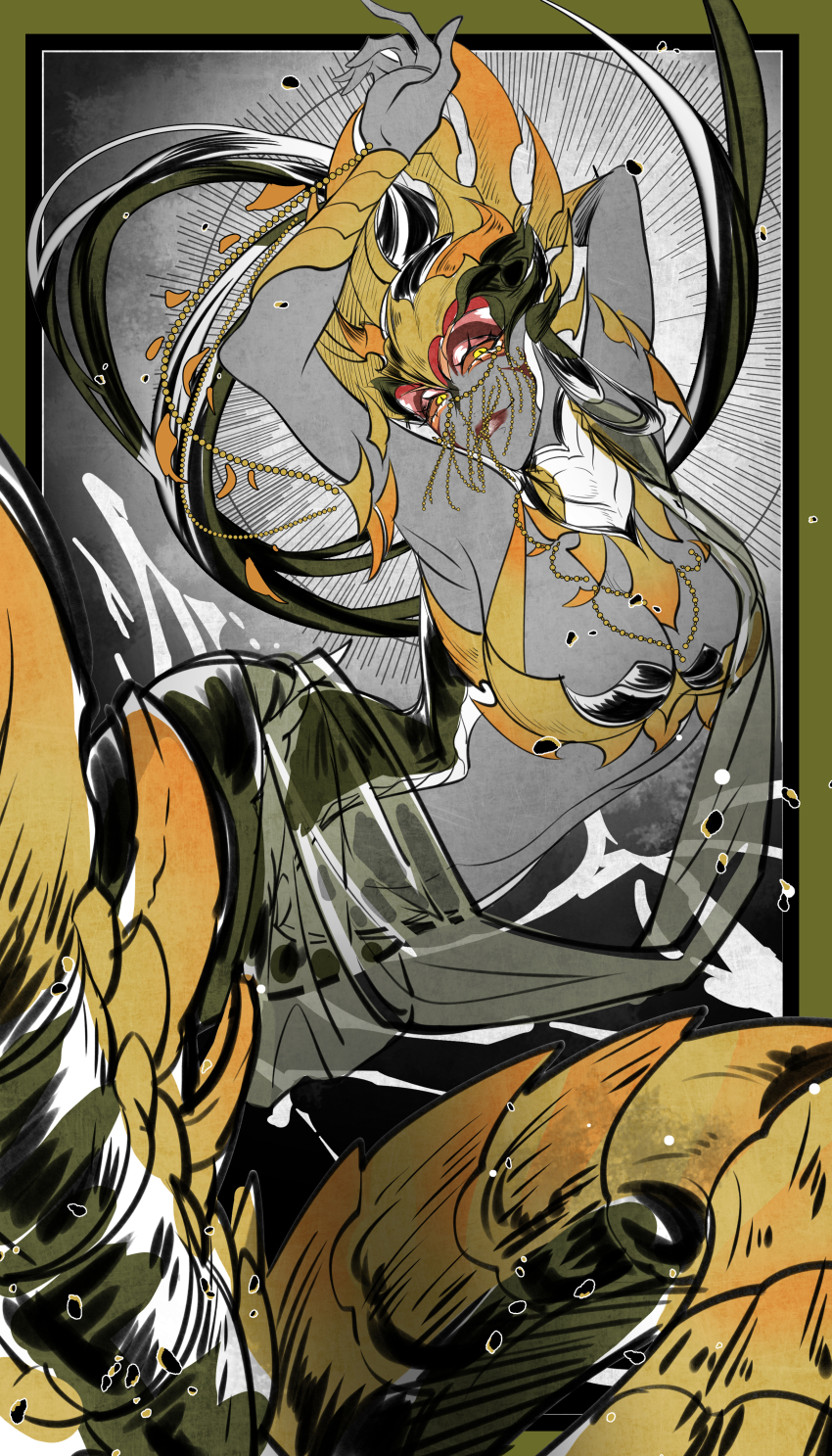 1girl, absurdres, armlet, armpit_crease, armpits, arms_up, black_hair, border