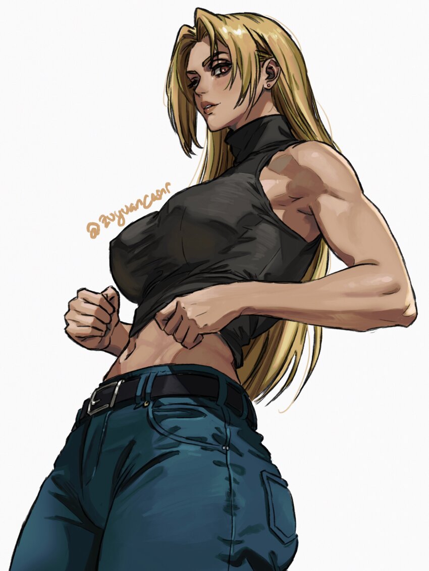 1girl, absurdres, belt, blonde_hair, clenched_hands, commentary, denim, english_commentary