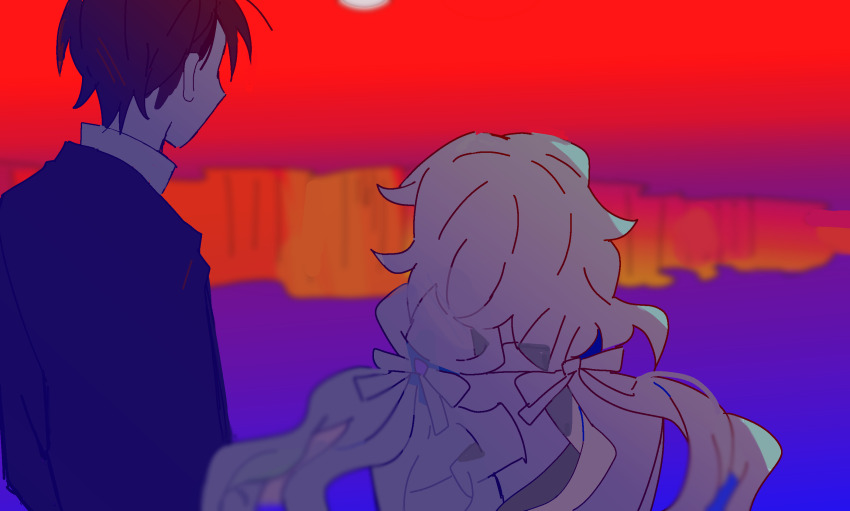 1boy, 1girl, black_hair, black_jacket, black_sleeves, blue_background, bow, charlotte_wiltshire, collared_shirt, commentary_request, from_behind, gradient_background, hair_bow, height_difference, hello_charlotte, highres, hole, jacket, long_hair, long_sleeves, low_twintails, red_background, shirt, short_hair, sunset, tiankong_yiji, twintails, upper_body, vincent_wordsworth, white_bow, white_hair, white_shirt, white_sleeves