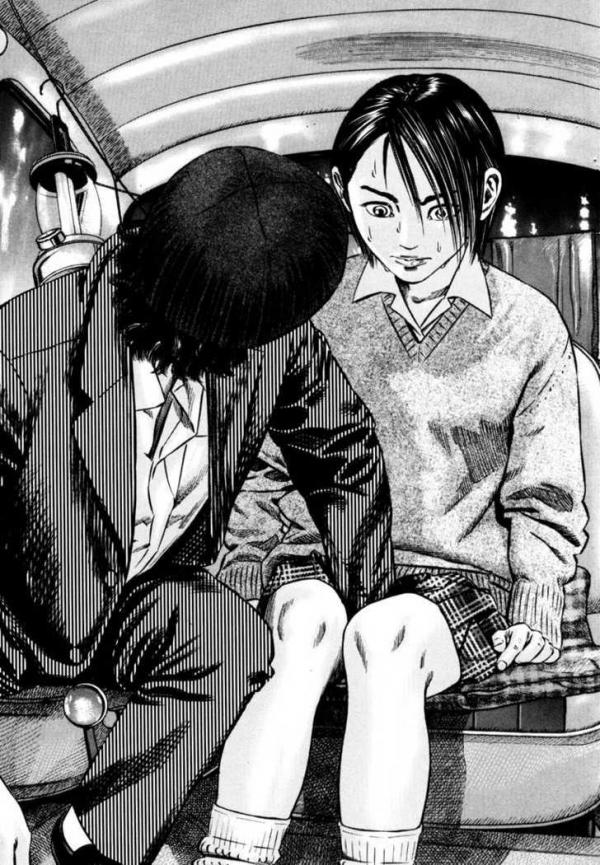 1boy, 1girl, black_hair, black_jacket, black_pants, formal_clothes, homunculus_(series), jacket, long_hair, looking_at_another, manga_page, nakoshi_susumu, pants, shirt, sitting, skirt, socks, suit, sweater, very_long_hair, white_shirt, white_socks, yukari_(homunculus)
