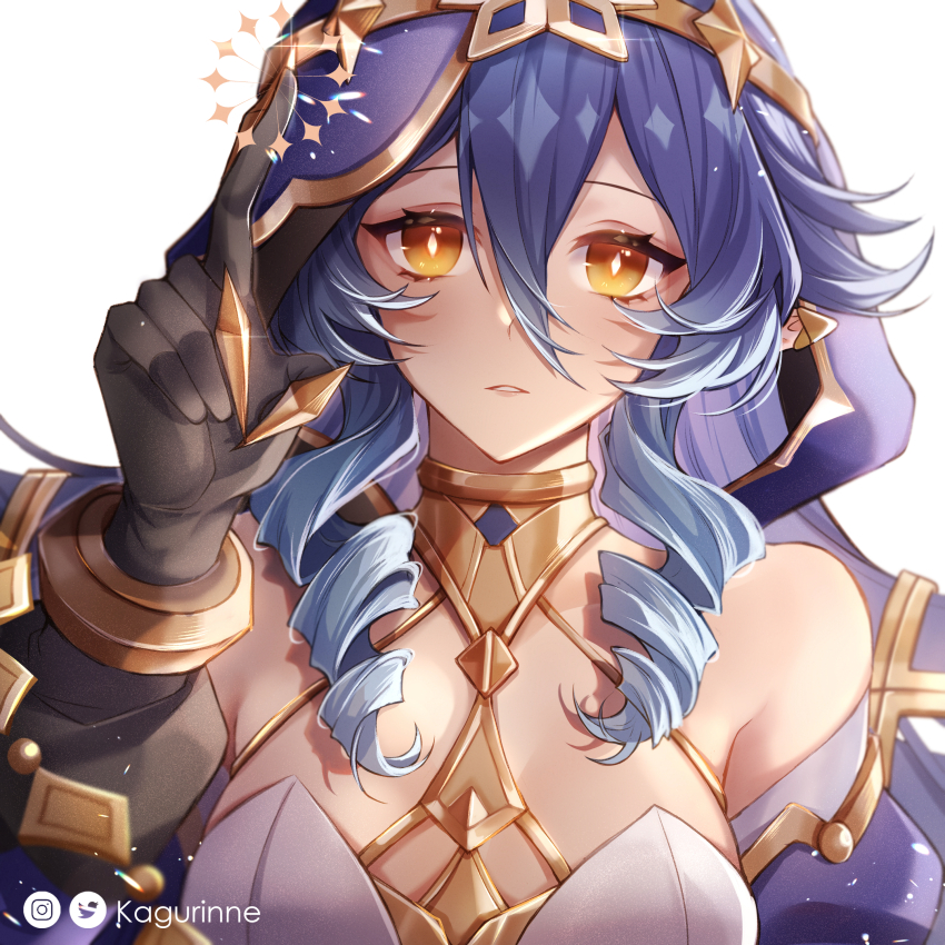 1girl, absurdres, artist_name, bags_under_eyes, bare_shoulders, black_gloves, blue_hair, blue_hood