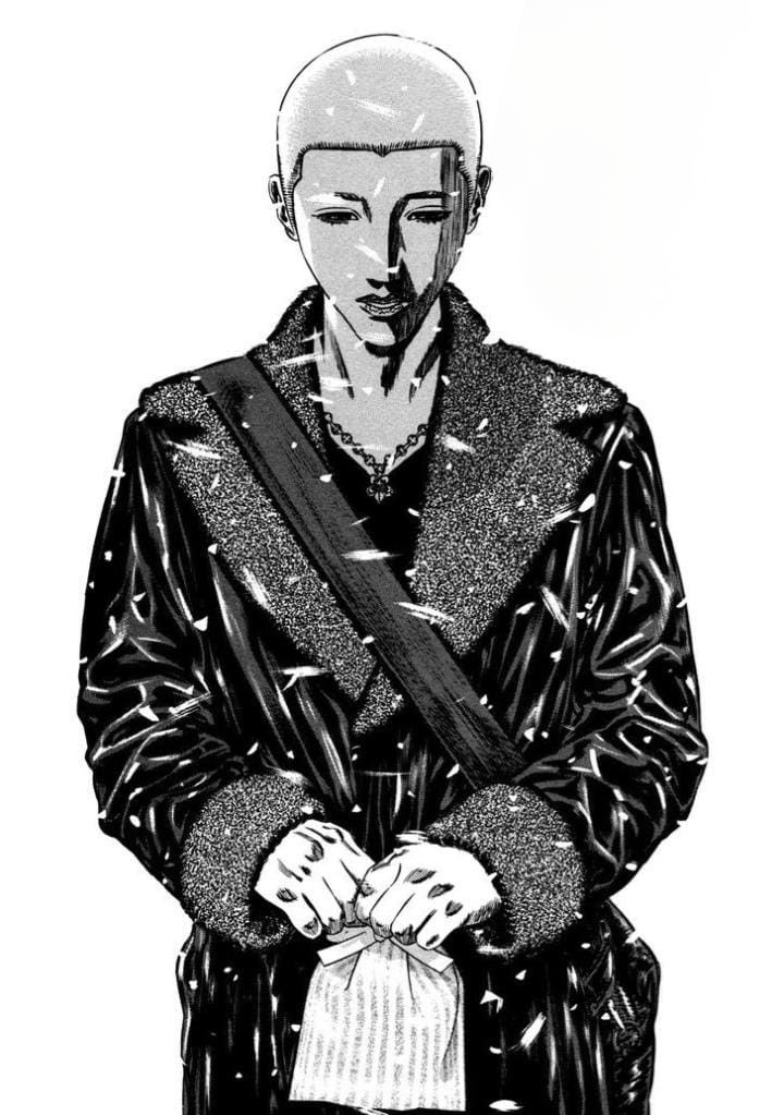 1boy, blonde_hair, homunculus_(series), ito_manabu, looking_down, short_hair, simple_background, solo, very_short_hair, white_background