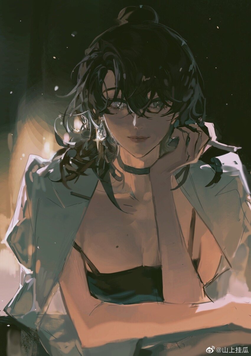 1girl, bare_arms, black_choker, black_dress, black_hair, breasts, choker, closed_mouth