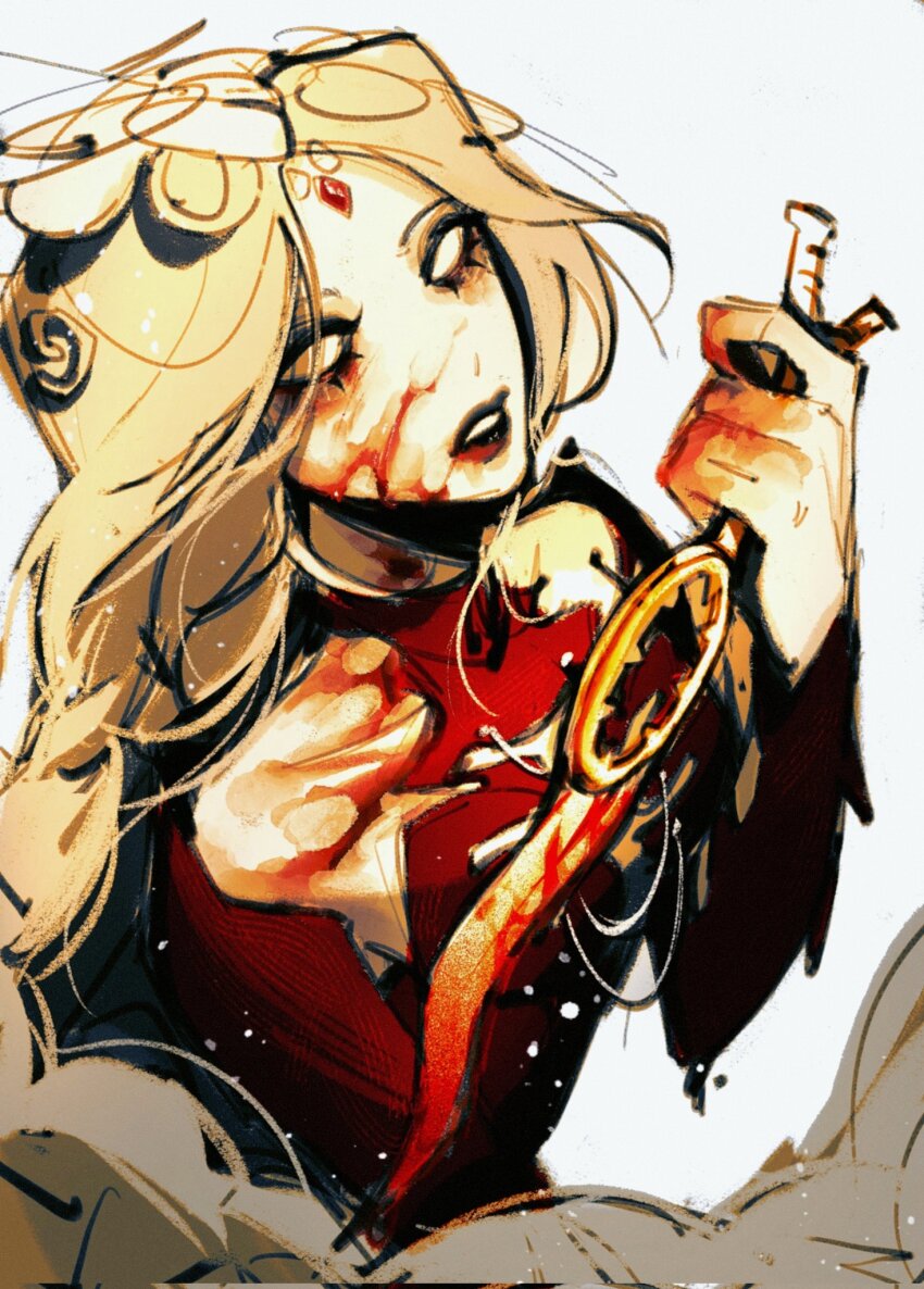 1girl, baldur's_gate, baldur's_gate_3, bare_shoulders, blank_eyes, blonde_hair, blood, blood_on_face