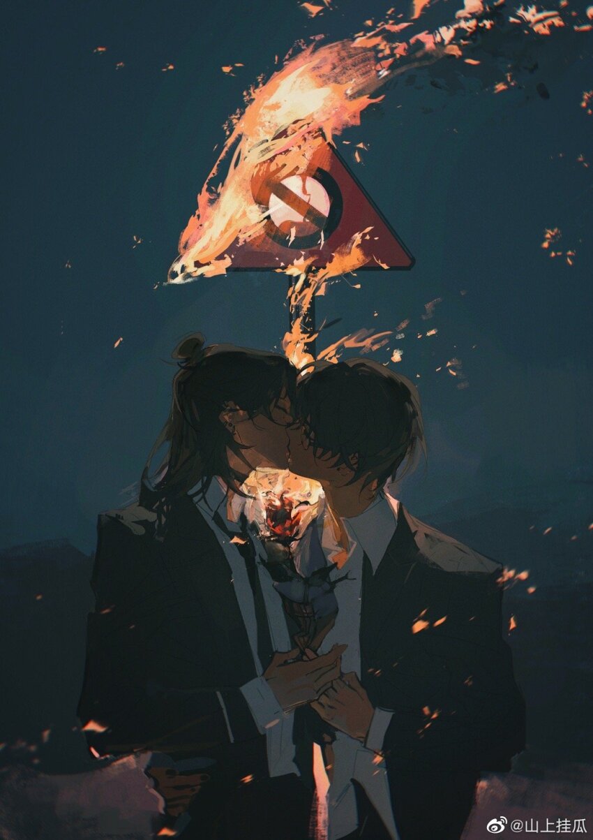 1boy, 1girl, black_choker, black_hair, black_jacket, black_necktie, black_pants, black_sleeves