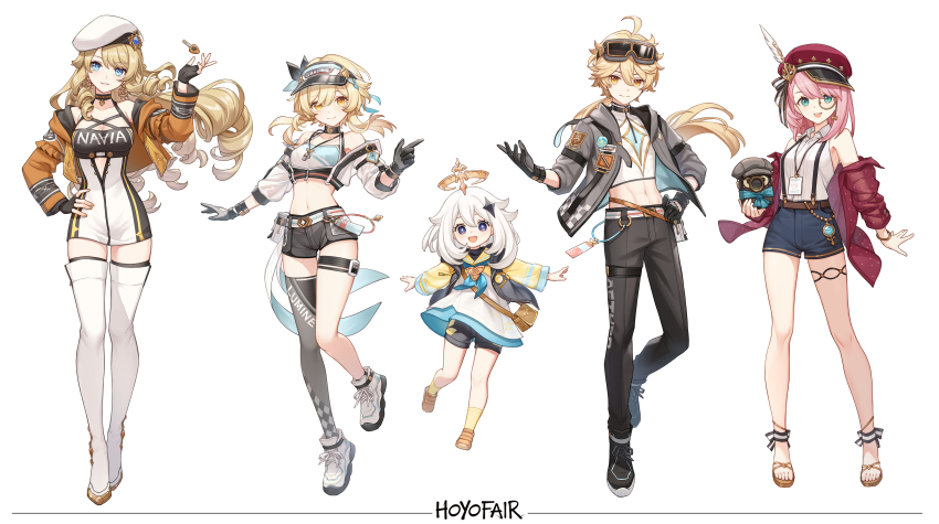 1boy, 4girls, absurdres, aether_(genshin_impact), aether_(teyvat_turboflux)_(genshin_impact), ahoge, arm_up, bare_legs