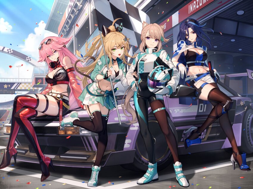 4girls, :3, ahoge, alternate_costume, animal_ears, armpit_peek, asymmetrical_clothes, baek_hyang, bare_shoulders, bell, belt, black_choker, black_footwear, black_gloves, black_shirt, black_shorts, black_thighhighs, blonde_hair, blue_hair, bodysuit, boots, bow, breasts, brown_hair, brown_pantyhose, brown_thighhighs, capelet, car, cat_ears, cat_girl, cat_tail, checkered_flag, choker, cleavage, cleavage_cutout, clorinde_(genshin_impact), clorinde_(teyvat_turboflux)_(genshin_impact), closed_mouth, clothing_cutout, commentary, confetti, covered_navel, crop_top, crop_top_overhang, cropped_jacket, crossed_legs, day, detached_sleeves, earrings, english_commentary, eyewear_on_head, fingerless_gloves, flag, fox_ears, garter_straps, genshin_impact, gloves, green_eyes, green_jacket, green_skirt, hair_bow, hair_ornament, hairclip, half_gloves, half_updo, hand_on_own_hip, headphones, headphones_around_neck, helmet, high_heel_boots, high_heels, highleg, highleg_panties, highres, holding, holding_flag, jacket, jewelry, jingle_bell, kirara_(genshin_impact), kirara_(teyvat_turboflux)_(genshin_impact), large_breasts, leg_up, long_hair, long_sleeves, lynette_(genshin_impact), medium_breasts, midriff, miniskirt, motor_vehicle, multicolored_hair, multicolored_thighhighs, multiple_girls, multiple_tails, navel, new_year, official_alternate_costume, official_alternate_hairstyle, official_art, on_car, open_mouth, outdoors, panties, panty_straps, pantyhose, pink_hair, pleated_skirt, ponytail, purple_eyes, race_queen, race_vehicle, racecar, red_footwear, red_sleeves, revealing_clothes, see-through_clothes, see-through_sleeves, shirt, shoes, short_shorts, shorts, single_leg_pantyhose, single_pantsleg, single_thighhigh, sitting, skindentation, skirt, sleeveless, sleeveless_shirt, smile, spaghetti_strap, standing, standing_on_one_leg, stomach, streaked_hair, string_panties, sunglasses, tail, thigh_boots, thigh_strap, thighhighs, thighs, two-tone_thighhighs, two_tails, underwear, unworn_headwear, unworn_helmet, very_long_hair, waving_flag, white_footwear, white_gloves, white_shorts, yae_miko, yae_miko_(teyvat_turboflux), zettai_ryouiki