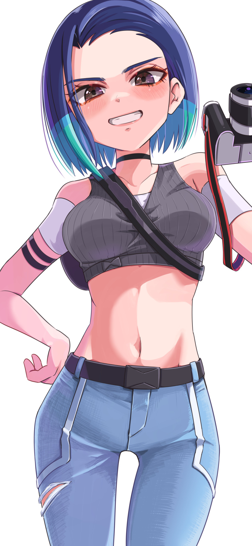 1girl, absurdres, bare_shoulders, between_breasts, black_choker, blue_hair, bob_cut, breasts, brown_eyes, camera, choker, collarbone, coralreef966, crop_top, denim, gluteal_fold, gradient_hair, grey_shirt, grin, hand_on_own_hip, highres, holding, holding_camera, jeans, large_breasts, loose_hair_strand, midriff, multicolored_hair, navel, nintendo, pants, perrin_(pokemon), pokemon, pokemon_scarlet_and_violet, ribbed_shirt, shirt, sleeveless, sleeveless_shirt, smile, solo, strap_between_breasts, undershirt, v-neck, v-shaped_eyebrows