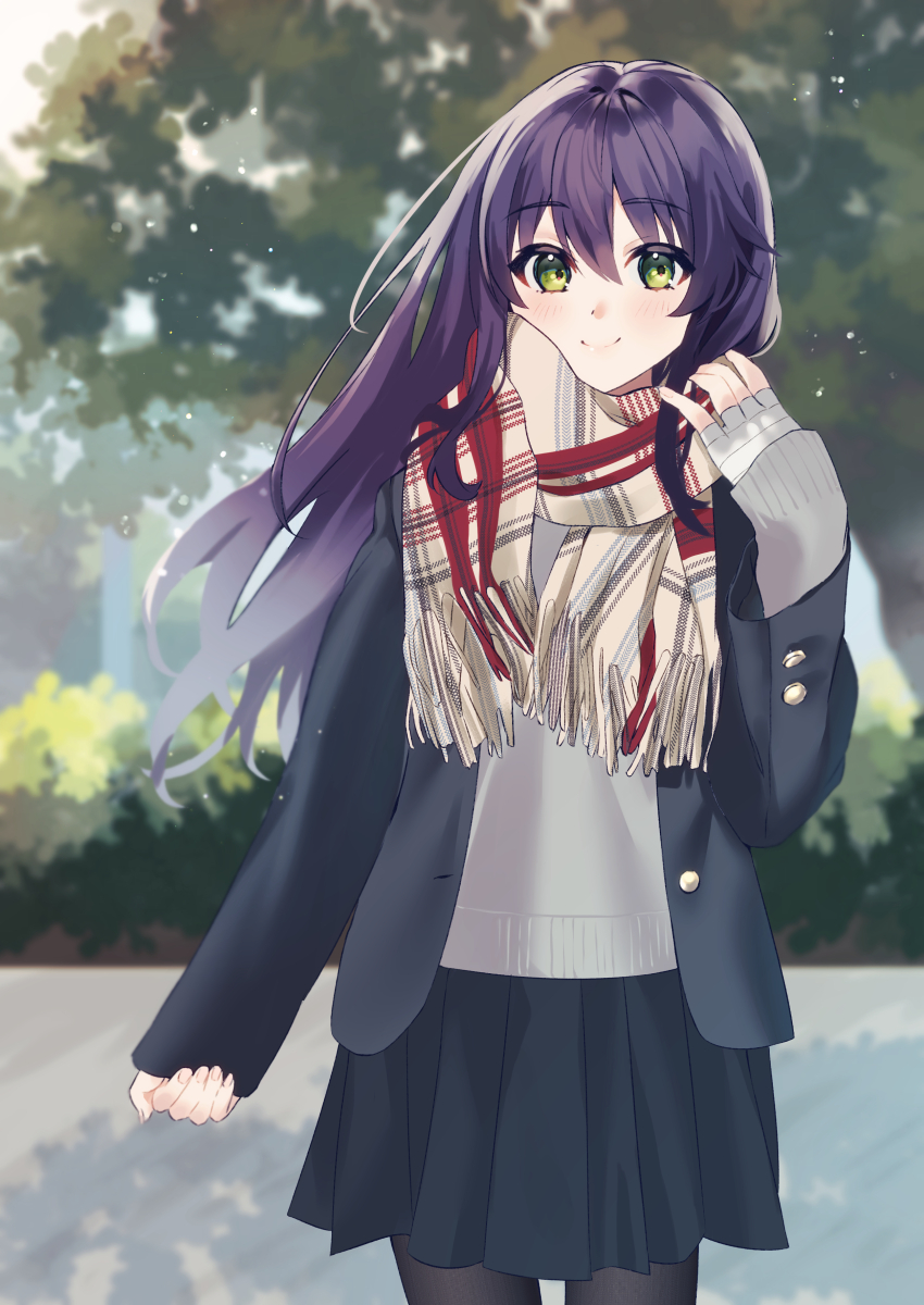 1girl, absurdres, bandaged_hand, bandages, black_jacket, black_pantyhose, black_skirt, blazer