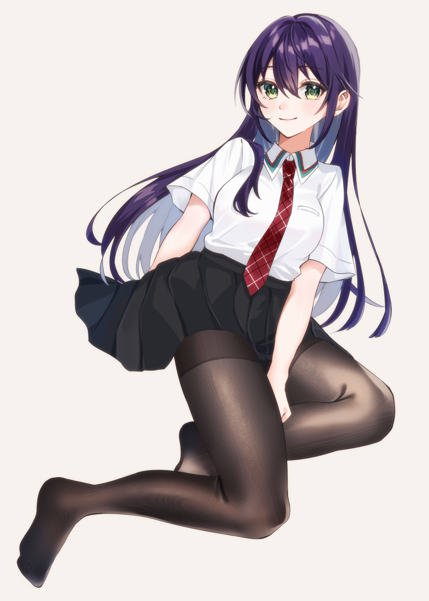 absurdres, between_legs, black_skirt, breasts, brown_pantyhose, closed_mouth, collared_shirt, full_body