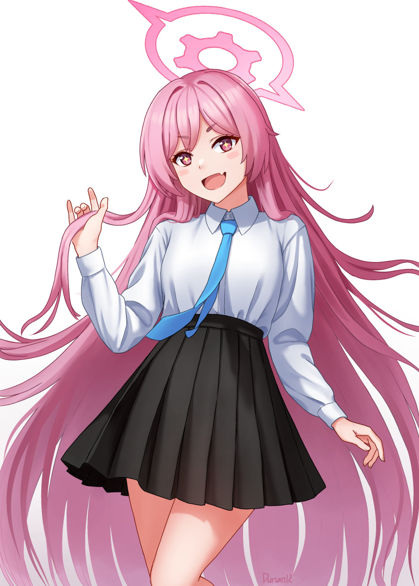 1girl, :d, absurdly_long_hair, absurdres, alternate_costume, alternate_hairstyle, black_skirt, blue_archive, blue_necktie, collared_shirt, commentary, durian12, english_commentary, hair_between_eyes, hair_down, halo, high-waist_skirt, highres, koyuki_(blue_archive), long_hair, long_sleeves, looking_at_viewer, necktie, open_mouth, pink_eyes, pink_hair, playing_with_own_hair, pleated_skirt, school_uniform, shirt, sidelocks, simple_background, skirt, smile, solo, summer_uniform, symbol-shaped_pupils, very_long_hair, white_background, white_shirt