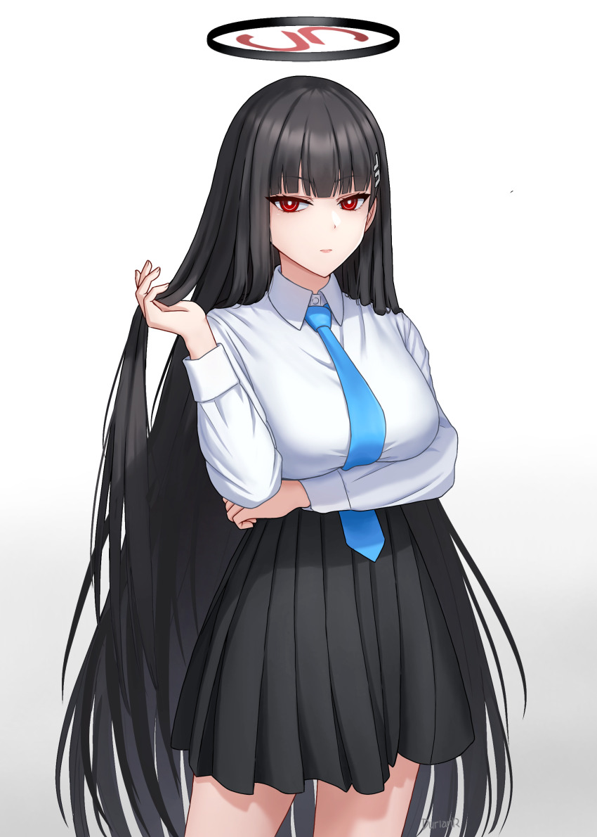 1girl, absurdres, alternate_costume, alternate_hairstyle, black_hair, black_skirt, blue_archive, blue_necktie, blunt_bangs, collared_shirt, commentary, crossed_arms, durian12, english_commentary, hair_down, hair_ornament, hairclip, halo, high-waist_skirt, highres, long_hair, long_sleeves, looking_at_viewer, necktie, playing_with_own_hair, pleated_skirt, red_eyes, rio_(blue_archive), school_uniform, shirt, sidelocks, simple_background, skirt, solo, summer_uniform, white_background, white_shirt