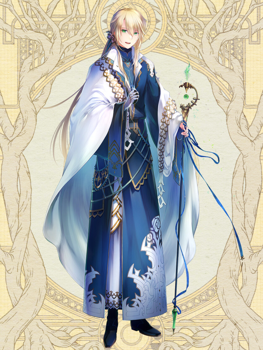 1boy, :d, belt, black_boots, black_gloves, blonde_hair, blue_ribbon, blue_robe