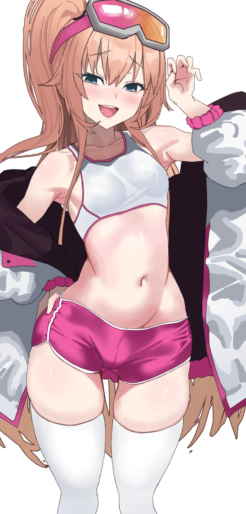 1girl, absurdres, anastasia_(brown_dust), armpits, brown_dust_(series), brown_dust_2, claw_pose, feet_out_of_frame, goggles, goggles_on_head, groin, hashtag-only_commentary, highres, jacket, long_hair, looking_at_viewer, midriff, navel, open_mouth, orange_hair, owlpetrichor, pink_shorts, ponytail, scrunchie, short_shorts, shorts, simple_background, skindentation, solo, sports_bra, teeth, thighhighs, upper_teeth_only, very_long_hair, white_sports_bra, white_thighhighs, wrist_scrunchie