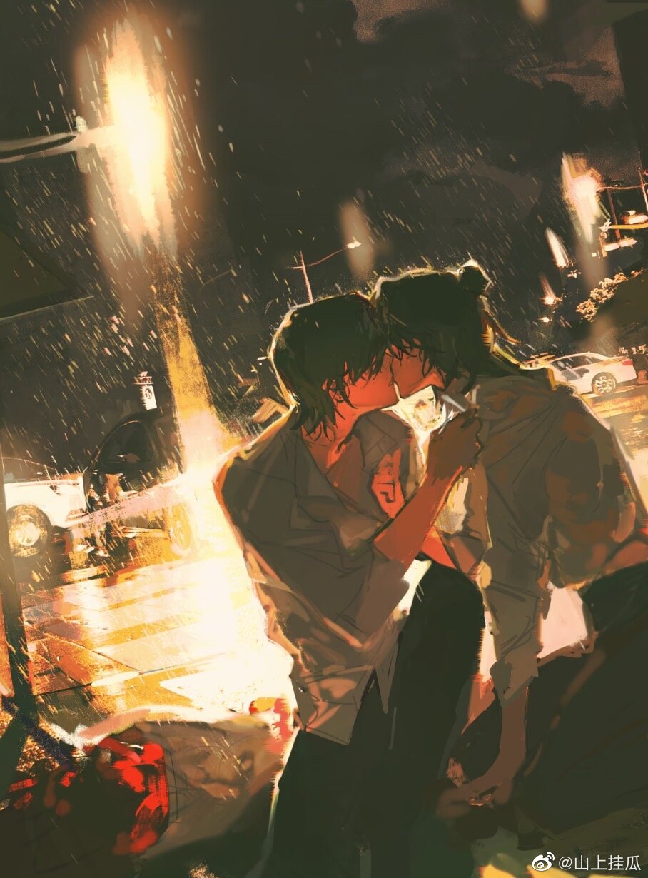 1boy, 1girl, bag, black-framed_eyewear, black_hair, black_pants, car, clenched_hand