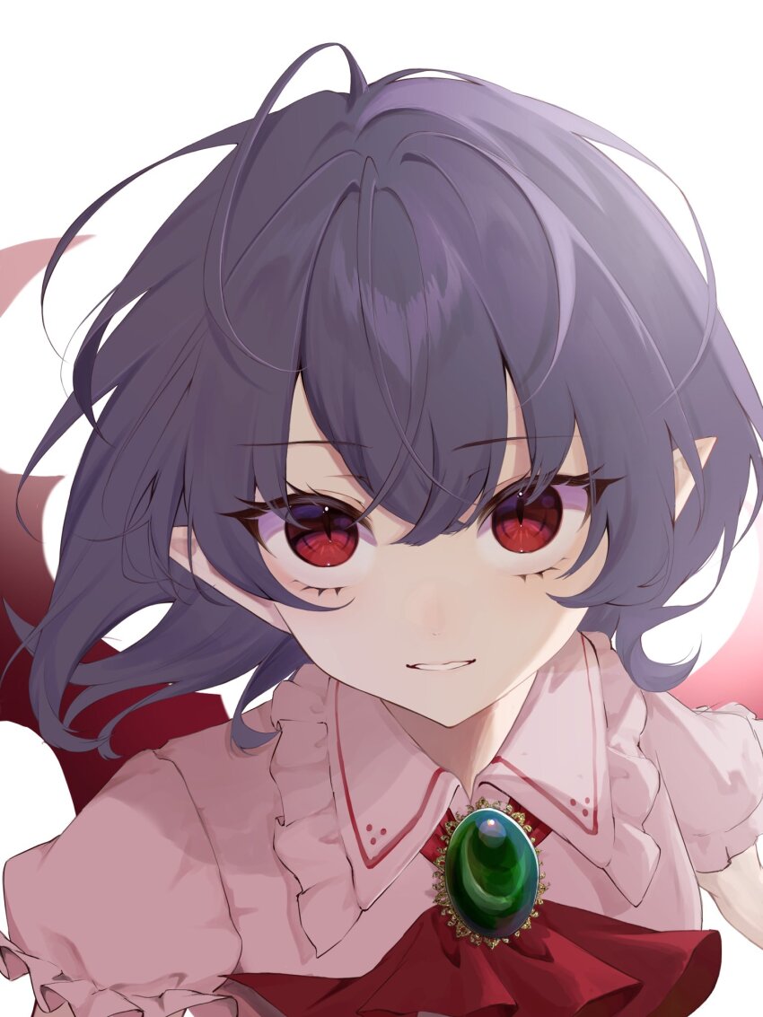 1girl, ascot, bat_wings, brooch, collared_shirt, commentary, crossed_bangs, frilled_shirt_collar, frilled_sleeves, frills, hair_between_eyes, highres, jewelry, lips, looking_at_viewer, mokou_cooking, parted_lips, pink_shirt, puffy_short_sleeves, puffy_sleeves, purple_hair, red_ascot, red_eyes, remilia_scarlet, shirt, short_hair, short_sleeves, simple_background, smile, solo, teeth, touhou, upper_body, white_background, wings