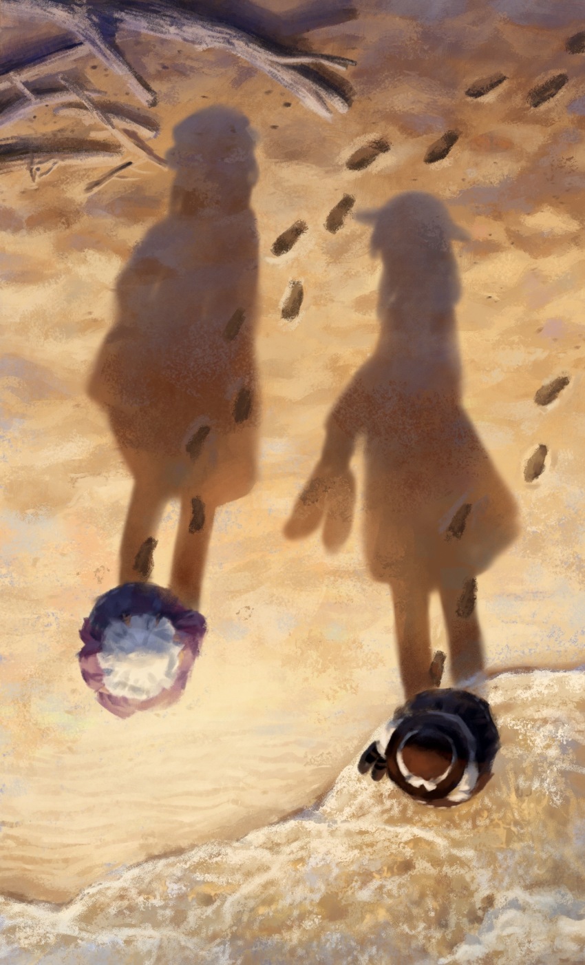 2girls, absurdres, beach, black_headwear, branch, commentary_request, footprints, from_above, full_body, highres, maribel_hearn, multiple_girls, outdoors, sand, satellitedragon, shadow, shoes, touhou, unworn_shoes, usami_renko, white_headwear
