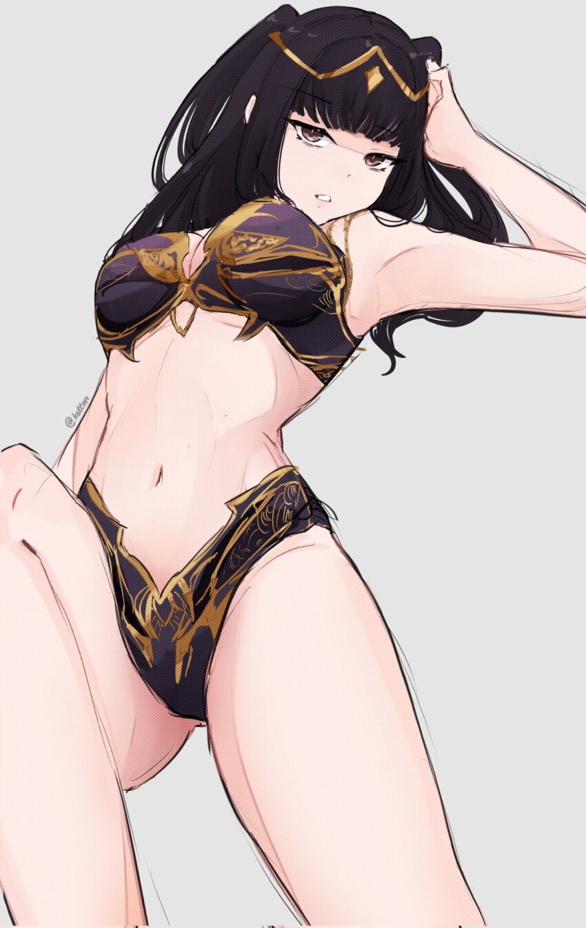 1girl, armpits, baldur's_gate, baldur's_gate_3, bare_arms, bare_legs, black_hair, bra, breasts, brown_eyes, cosplay, fire_emblem, fire_emblem_awakening, grey_background, hair_ornament, hand_on_own_head, highleg, highres, long_hair, looking_at_viewer, lying, medium_breasts, midriff, navel, nintendo, panties, patterned_clothing, purple_bra, purple_panties, serafineart1001, shadowheart_(baldur's_gate), solo, tharja_(fire_emblem), tiara, twitter_username, underwear