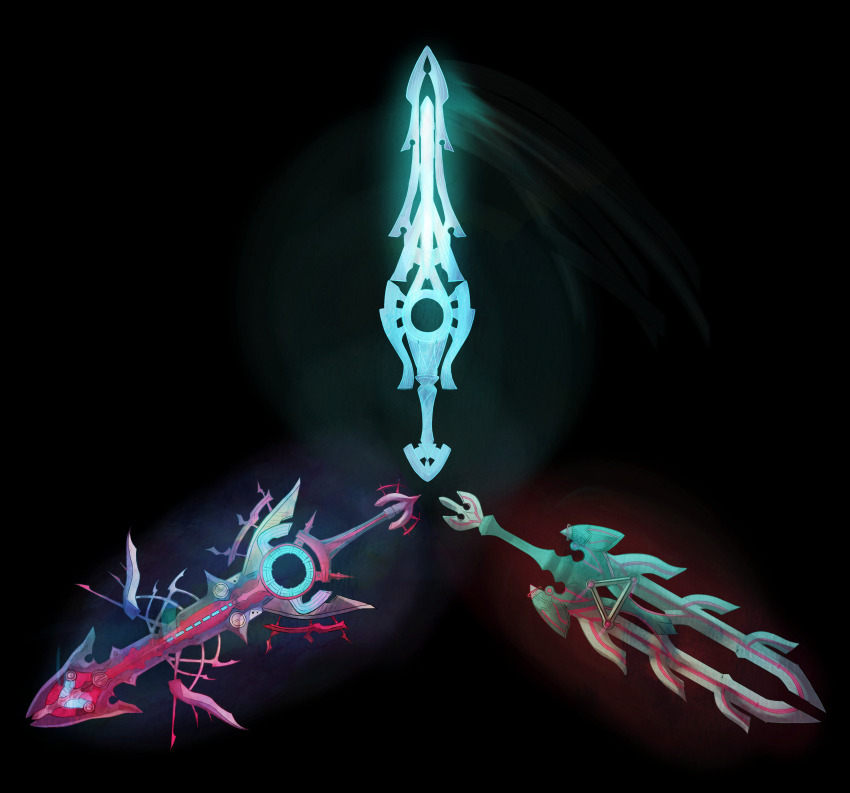 absurdres, black_background, blue_light, commentary, double_edged_sword, english_commentary, giygas_nipples, highres, long_sword, long_weapon, meyneth_monado, monado, multiple_swords, multiple_weapons, no_humans, red_light, shulk's_monado, simple_background, sword, tagme, technological_sword, technology, transparent_weapon, weapon, xenoblade_chronicles_(series), xenoblade_chronicles_1, zanza's_monado
