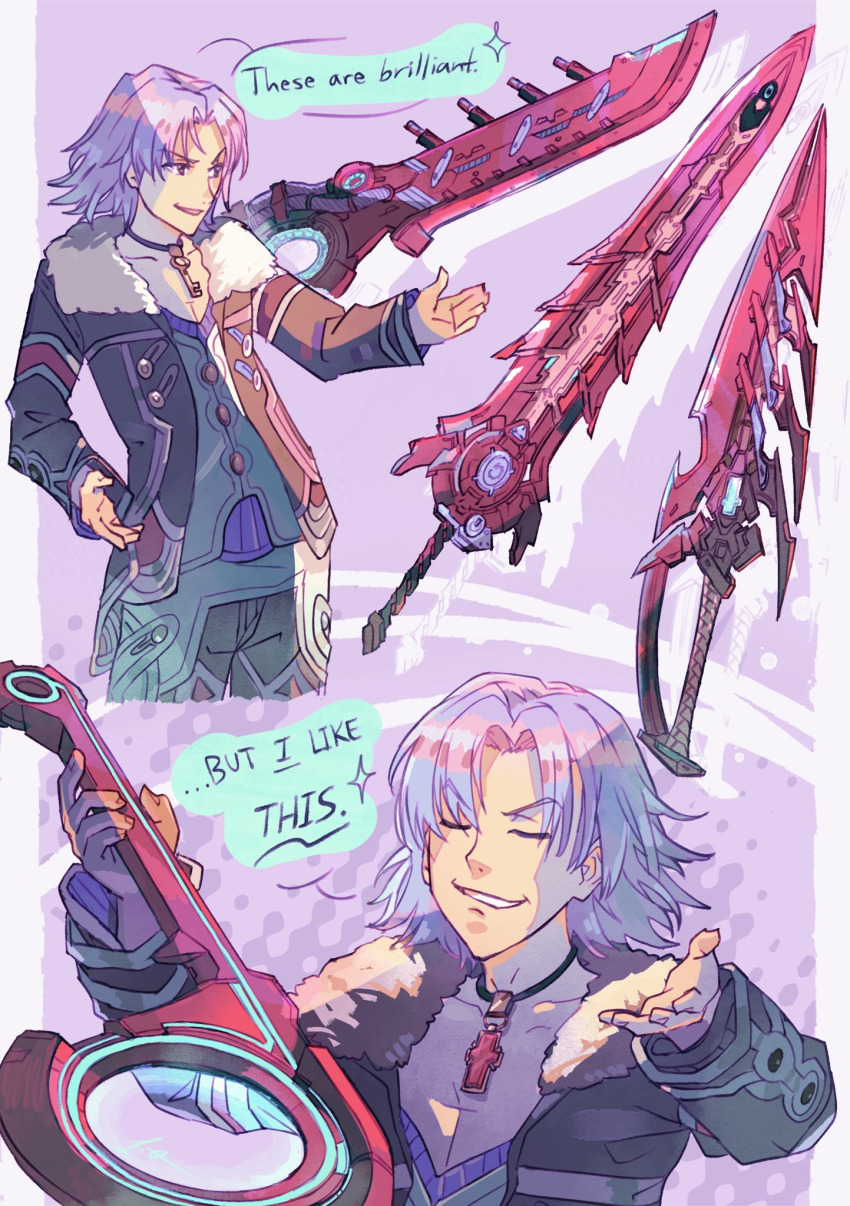 1boy, aegis_sword_(xenoblade), alvis_(xenoblade), commentary, core_crystal_(xenoblade), english_commentary, english_text, highres, lucky_seven_(xenoblade), monado, monado_rex, onepointzero, simple_background, speech_bubble, sword, tagme, technological_sword, veiled_sword_(xenoblade), weapon, xenoblade_chronicles:_future_connected, xenoblade_chronicles_(series), xenoblade_chronicles_1, xenoblade_chronicles_2, xenoblade_chronicles_3