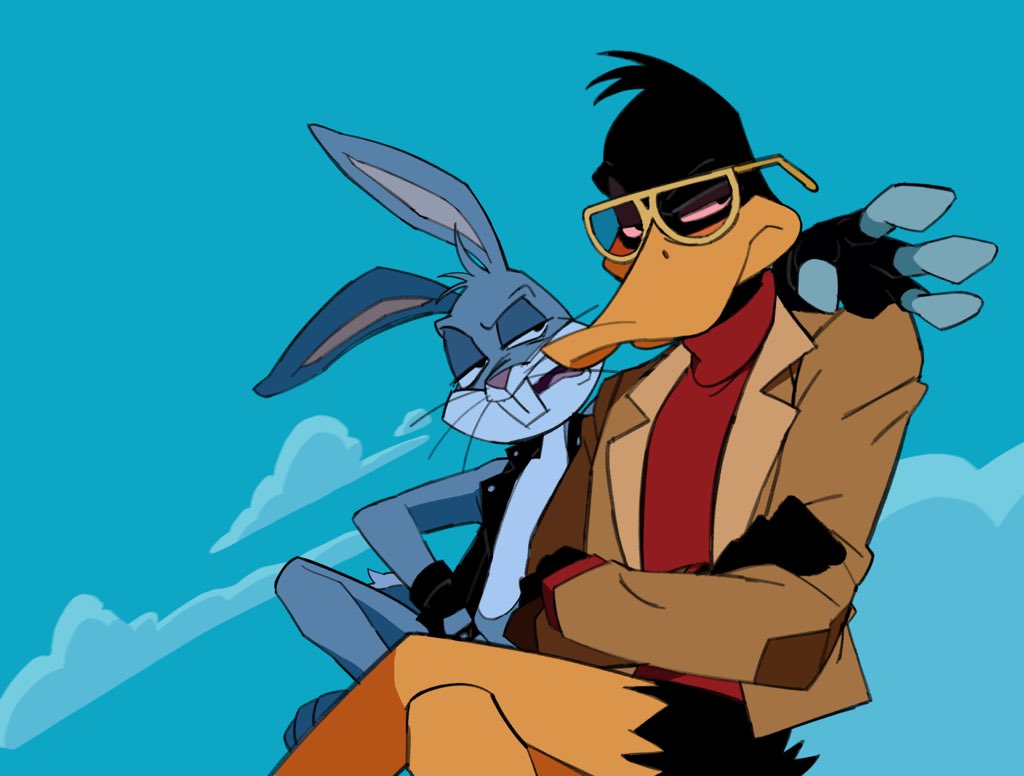 ._., 2boys, animal_ears, arm_around_shoulder, bugs_bunny, cloud, crossed_arms, crossed_legs, daffy_duck, day, fingerless_gloves, furry, furry_male, glasses, gloves, jacket, looking_at_viewer, looney_tunes, lumise05, male_focus, multiple_boys, official_alternate_costume, outdoors, rabbit_ears, red_sweater, sitting, squatting, sweater, teeth, the_looney_tunes_show, upper_teeth_only
