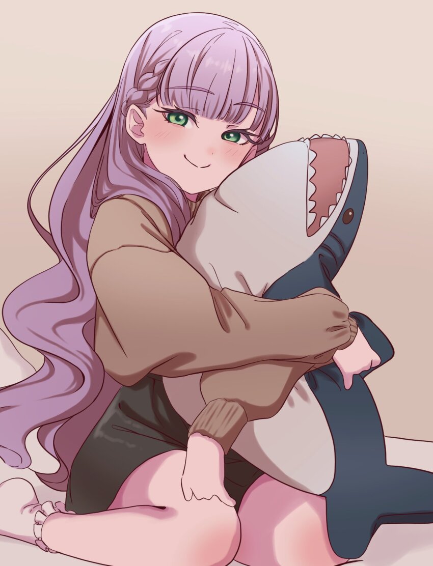 1girl, black_skirt, braid, brown_sweater, full_body, green_eyes, highres, hugging_doll