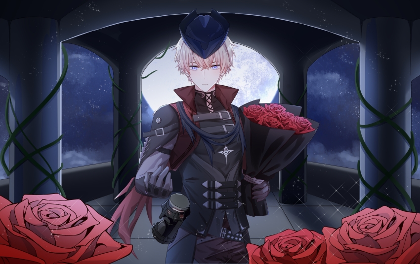 1boy, absurdres, armor, armored_gloves, balcony, black_hat, black_shirt, blonde_hair
