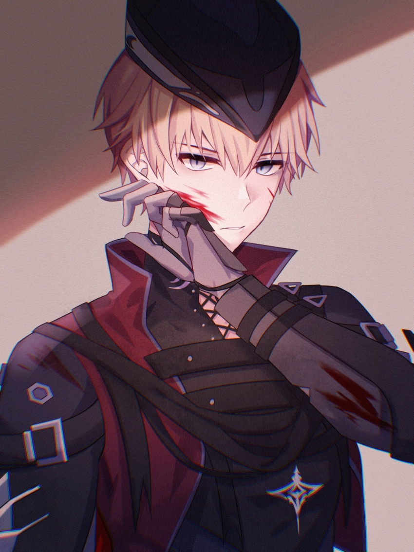 1boy, belt, black_hat, black_shirt, blonde_hair, blood, blood_on_clothes, blood_on_face