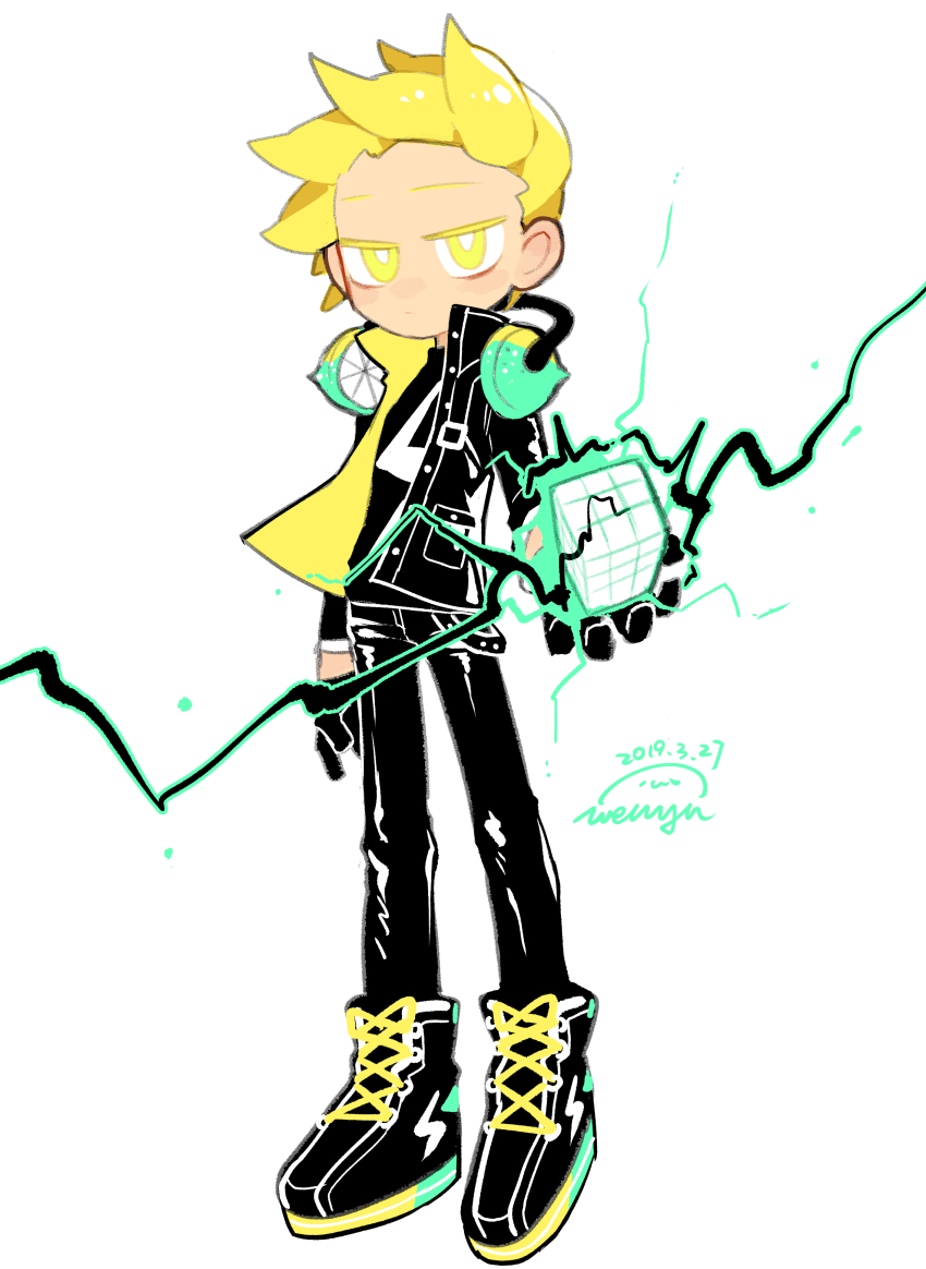 1boy, absurdres, black_footwear, black_gloves, black_jacket, black_pants, blonde_hair, bolt_(hardware)