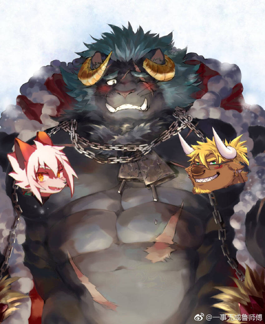 1boy, artist_collaboration, bara, bare_pectorals, blue_hair, blush, censored, character_censor, christmas, curled_horns, demon_boy, furry, furry_male, grey_fur, highres, horns, krampus_(housamo), large_pectorals, long_sideburns, male_focus, mature_male, muscular, muscular_male, novelty_censor, official_alternate_costume, one_eye_closed, original, pectorals, red_headwear, santa_costume, scar, scar_across_eye, scar_on_chest, scar_on_face, short_hair, shy, sideburns, solo, sweat, thick_eyebrows, tokyo_houkago_summoners, tusks, uken_l, undressing, upper_body, zong_wumi