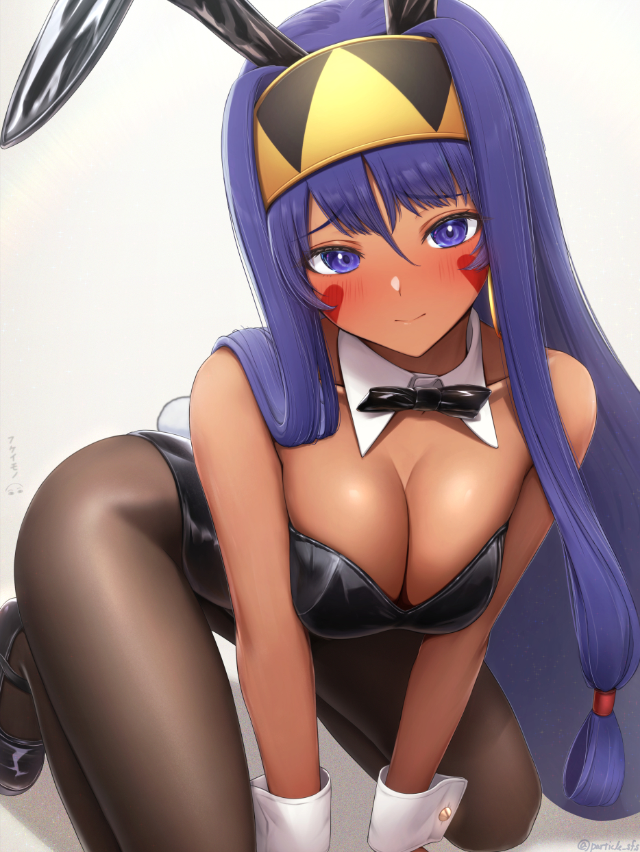 1girl, animal_ears, black_leotard, breasts, brown_pantyhose, cleavage, dark-skinned_female, dark_skin
