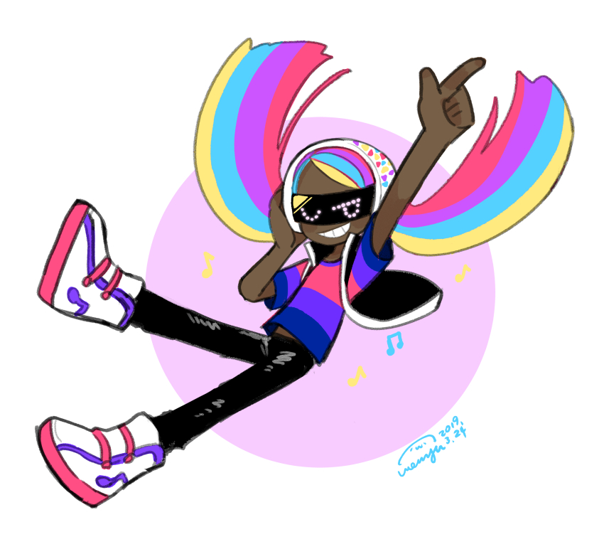 1girl, absurdres, arm_up, black_pants, blonde_hair, blue_hair, blue_shirt, cookie_run, dark-skinned_female, dark_skin, dj, dj_cookie, female_focus, full_body, highres, midair, midriff_peek, multicolored_hair, multicolored_shirt, musical_note, pants, personification, pink_hair, pink_shirt, pointing, purple_hair, purple_shirt, shirt, short_sleeves, smile, wenyu, white_footwear