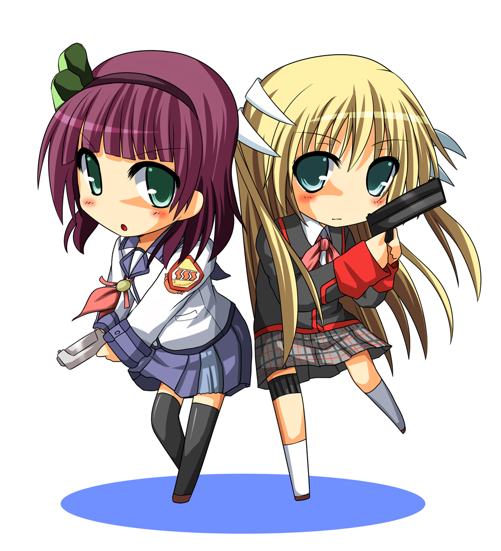 10s, 2girls, angel_beats!, back-to-back, blonde_hair, blue_eyes, chibi, company_connection