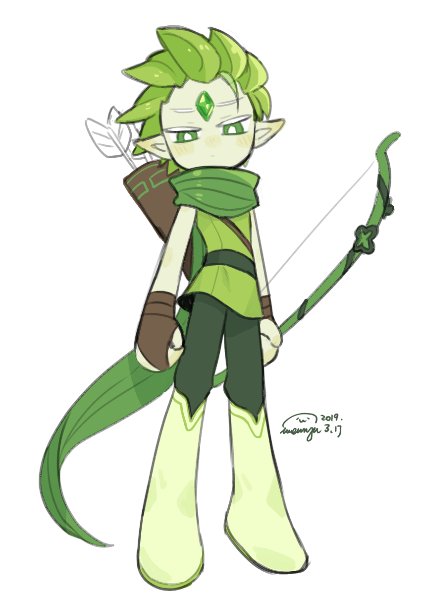 1boy, absurdres, arrow_(projectile), blush, boots, bow_(weapon), brown_gloves, clenched_hands, colored_skin, cookie_run, ear_blush, expressionless, fingerless_gloves, forehead_jewel, frown, full_body, gloves, green_eyes, green_footwear, green_hair, green_pants, green_scarf, green_shirt, green_skin, green_skinned_male, green_tunic, highres, holding, holding_bow_(weapon), holding_weapon, looking_at_viewer, looking_down, loose_hair_strand, male_focus, pants, personification, pointy_ears, scarf, shirt, simple_background, strap, tunic, weapon, wenyu, white_background, wind_archer_cookie