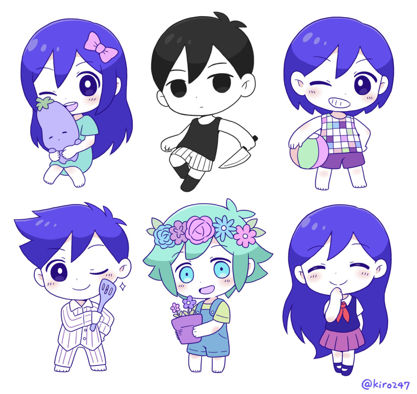 2girls, 4boys, aubrey_(omori), basil_(omori), chibi, closed_eyes, flower, flower_pot