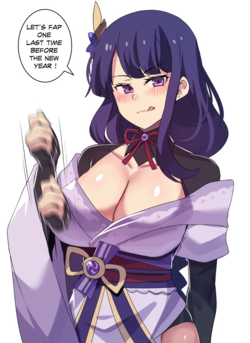 1girl, :q, absurdres, blunt_bangs, blush, braid, breasts, bridal_gauntlets, cleavage, collarbone, commentary, cowboy_shot, english_commentary, english_text, genshin_impact, halo, handjob_gesture, highres, hinghoi, japanese_clothes, jerk_off_instructions, kimono, large_breasts, long_hair, looking_at_viewer, low_ponytail, mitsudomoe_(shape), motion_blur, multicolored_hair, obi, ponytail, purple_eyes, purple_hair, purple_kimono, raiden_shogun, sash, sexually_suggestive, short_kimono, sidelocks, simple_background, single_braid, smile, solo, speech_bubble, streaked_hair, tomoe_(symbol), tongue, tongue_out, two-tone_hair, vision_(genshin_impact), white_background