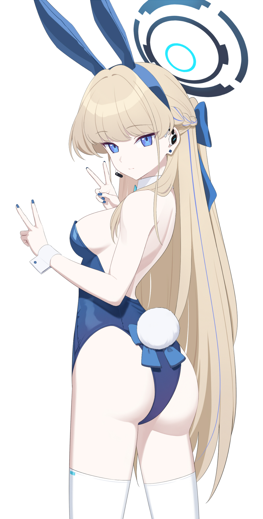 1girl, ass, back, bare_shoulders, black_halo, blonde_hair, blue_archive, blue_bow, blue_eyes, blue_leotard, blue_nails, boncha, bow, bow-shaped_hair, breasts, female_focus, halo, highres, leotard, long_hair, looking_at_viewer, medium_breasts, piercing, playboy_bunny, rabbit_ears, rabbit_tail, sideboob, simple_background, solo, standing, thighhighs, toki_(blue_archive), toki_(bunny)_(blue_archive), v, white_background, white_thighhighs
