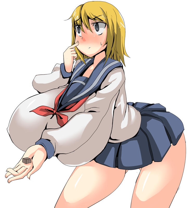 bent_over, blonde_hair, blush, breasts, candy, gigantic_breasts, hanging_breasts, nira, onanie_master_kurosawa, school_uniform, sharing, short_hair, sugawa_maiko
