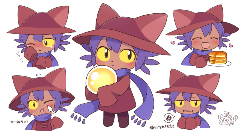 1other, animal_ears, animal_hat, blue_hair, blue_scarf, blush, brown_tunic, cat_hat, chibi, crying, food, happy, hat, ko_ginoki_wi, light_bulb, niko_(oneshot), oneshot_(game), open_mouth, pancake, scarf, tears, tunic, whiskers
