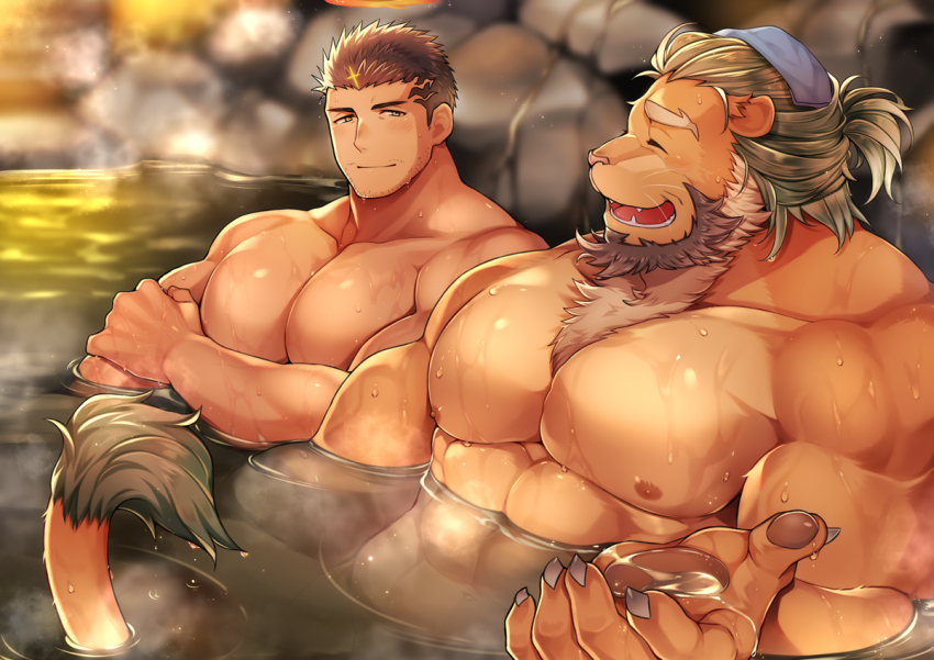 2boys, arsalan_(housamo), bara, black_hair, brown_fur, brown_hair, closed_eyes, closed_mouth