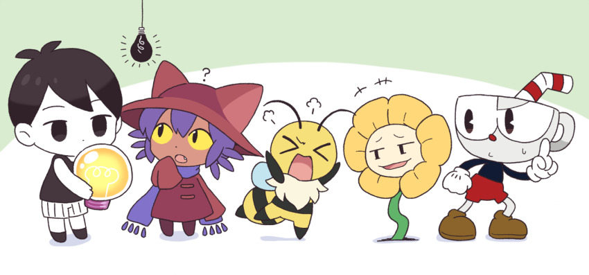 1girl, 1other, 3boys, alternate_size, animal_ears, animal_hat, bee, black_hair