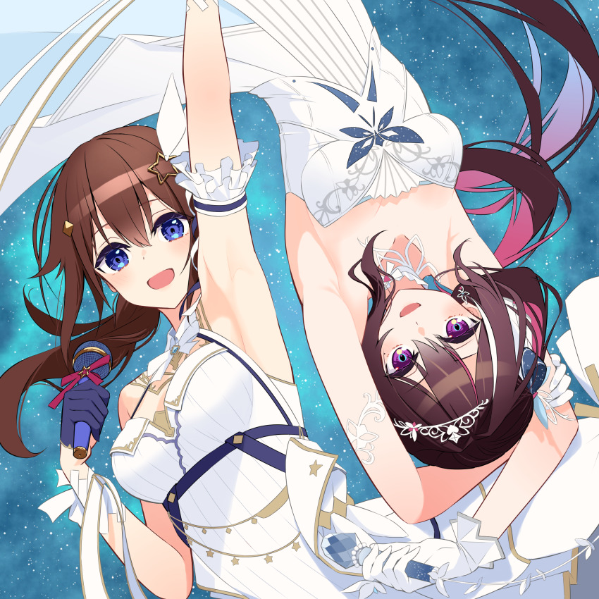 2girls, arm_up, armpits, arms_behind_head, azki_(dress)_(hololive), azki_(hololive), black_hair, brown_hair