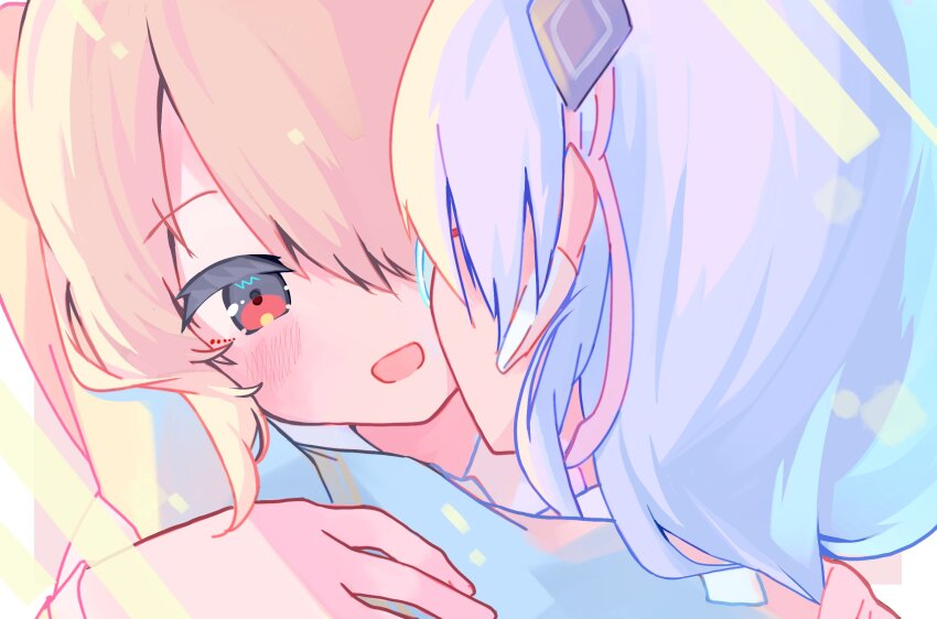 10_(sei), 2girls, blonde_hair, blue_jacket, blush, hair_ornament, hair_over_one_eye, heaven_burns_red