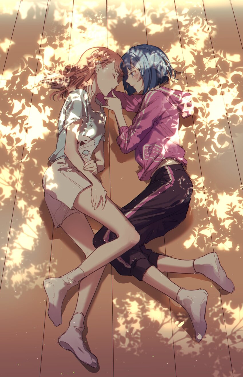 2girls, absurdres, black_pants, blue_eyes, blue_hair, blue_shirt, blush, brown_hair, closed_eyes, commentary, dappled_sunlight, flower, hair_flower, hair_ornament, hanasato_minori, highres, hood, hoodie, kiritani_haruka, light_particles, looking_at_another, lying, medium_hair, mop_0211, multiple_girls, on_person, on_side, pants, parted_lips, pink_hoodie, project_sekai, shirt, short_hair, shorts, sleeping, socks, sunlight, white_pants, white_socks, wooden_floor, yuri