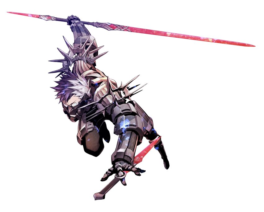 1boy, absurdres, armor, asymmetrical_dual_wielding, black_armor, black_hair, blue_eyes, dual_wielding