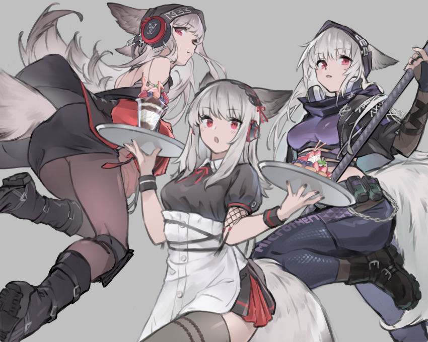 1girl, absurdres, animal_ears, apron, arknights, beanie, black_border, black_dress
