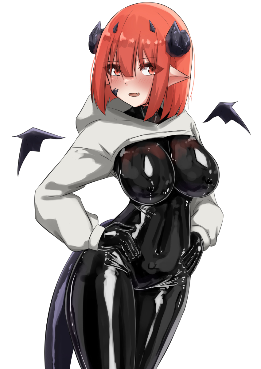 1girl, absurdres, blunt_bangs, blush, bodysuit, breasts, chinese_zodiac, covered_erect_nipples, covered_navel, cowboy_shot, cropped_hoodie, detached_wings, dragon_girl, dragon_horns, dragon_tail, hair_between_eyes, hands_on_own_hips, highres, hiuyec, hood, hoodie, horns, impossible_bodysuit, impossible_clothes, large_breasts, latex, latex_bodysuit, long_sleeves, medium_hair, mixed_horns, open_mouth, orange_eyes, orange_hair, original, pointy_ears, scales, shiny_clothes, shrug_(clothing), simple_background, skin_tight, slit_pupils, tail, white_background, wings, year_of_the_dragon