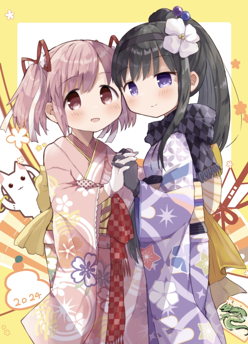 2girls, absurdres, akemi_homura, akemi_homura_(haregi_ver.), black_hair, gloves, highres, kaname_madoka