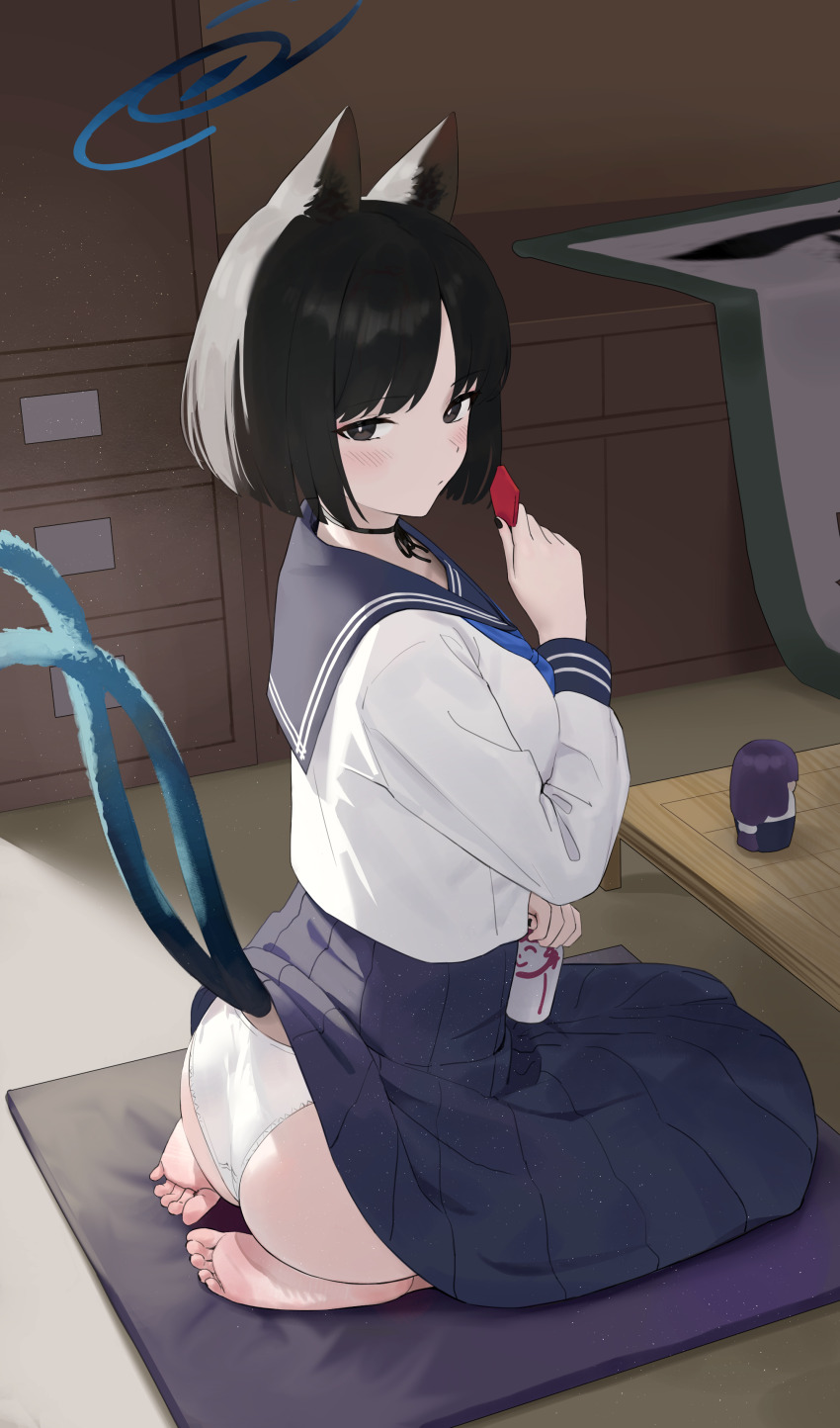 1girl, absurdres, animal_ear_fluff, animal_ears, ass, barefoot, black_eyes, black_hair